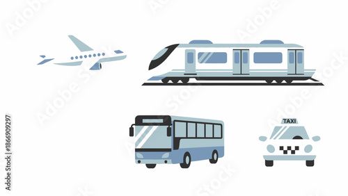 Transportation icons: plane, train, bus, taxi