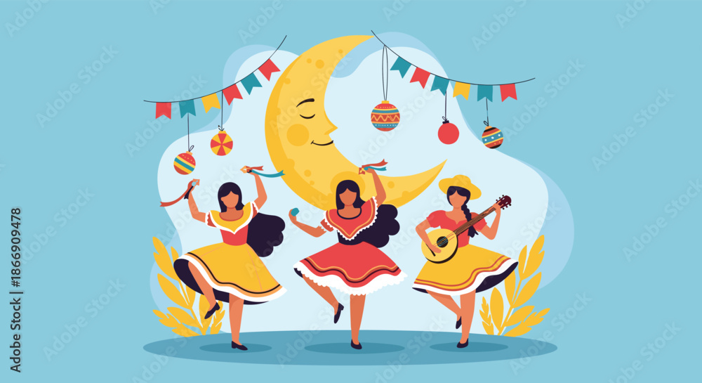 Fototapeta premium Three women in traditional attire dance and play music under a smiling crescent moon with festive decorations, celebrating a cultural festival.