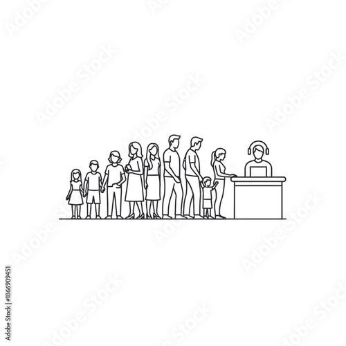 People waiting in a line at a service counter sketched in black and white