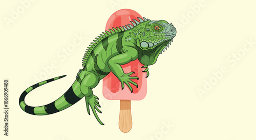 A green iguana with a striped tail rests on a red fruit-flavored popsicle, symbolizing a cool summer treat.