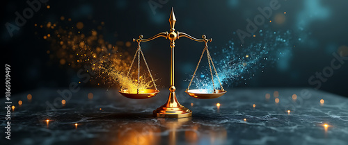 Golden scales of justice balancing light particles on dark background symbolizing fairness and law