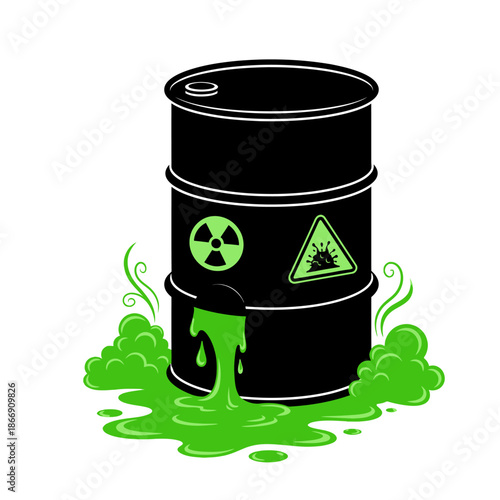 A black barrel leaking green hazardous waste with radioactive and toxic symbols