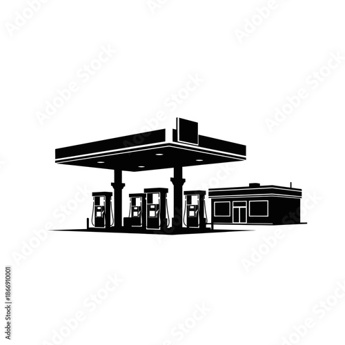 A silhouette of a gas station with pumps and a small building