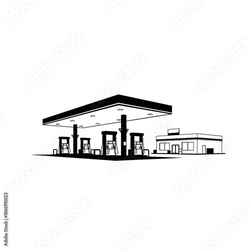 Simple black and white illustration of a gas station and convenience store