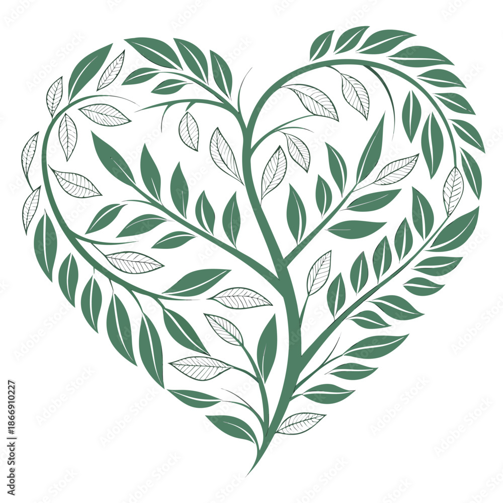 Fototapeta premium Stylized heart shape made of green growing leaves and branches ecology vector
