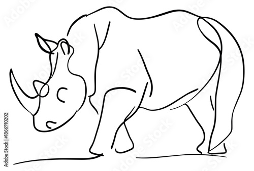 Hand drawn line art illustration of a rhinoceros depicting it standing calmly for wildlife and nature designs