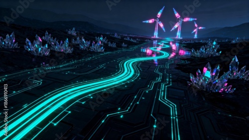 Futuristic landscape with glowing circuit path