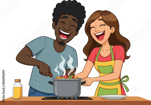 Cartoon illustration cooking couple, man and woman stirring pot, teamwork in kitchen, colorful vegetables, smiling characters, joyful food preparation concept