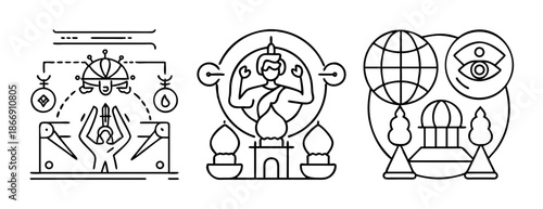 Spiritual concepts line art icon set with global wisdom and inner strength