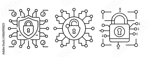 Digital cybersecurity network and data protection concept icons set on white