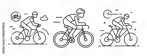 Cyclists riding bicycles at different speeds and styles, line art illustration