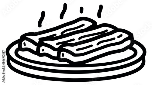 Hand drawn line art illustration of fried rolls depicting steaming food on a plate for food service design