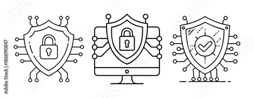 Cybersecurity and data protection digital privacy shield icon set.