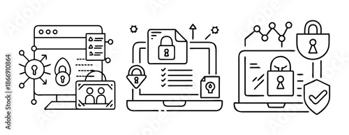 Digital security, data protection, and online privacy conceptual icon set