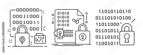 Digital data security, privacy, and cybersecurity line icons collection.