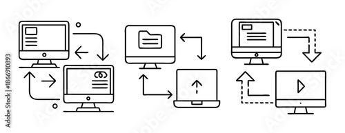 Computer data transfer, network connectivity, and file sharing icon set vector