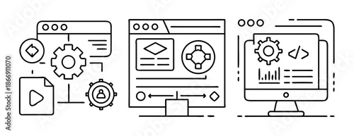 Digital workflow, data processing, and software development process icons