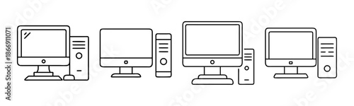 Line art desktop computers with monitors and cpu towers, modern icon set