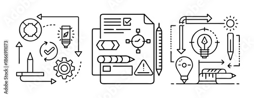 Project planning and development process with creative strategy design icons.