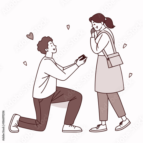 Romantic marriage proposal scene Happy man kneeling asking smiling woman to marry him