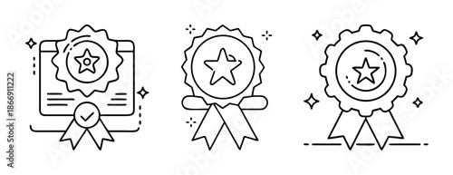 Certification and award line icons set. quality guarantee, achievement, success.