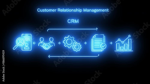 Customer Relationship Management System Workflow With Client Data, Interaction Tracking, And Business Analytics Icons