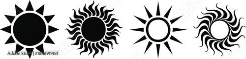 Black sun icon vector set with rays, summer star symbols on a white background