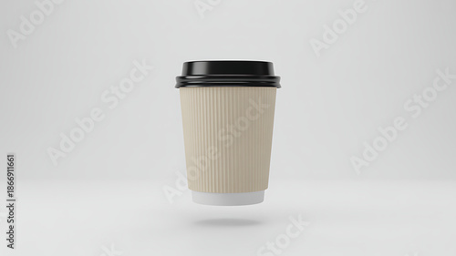 Eco-friendly paper coffee cup with black lid on white background