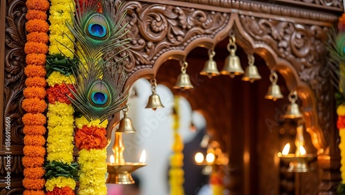 Vibrant Indian wedding decorations with peacock feathers and flowers