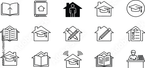 Homeschooling Icon Set Featuring Online Learning, Remote Education, Graduation Success, Digital Study Tools, Academic Research, University Degrees, and Student Success.
