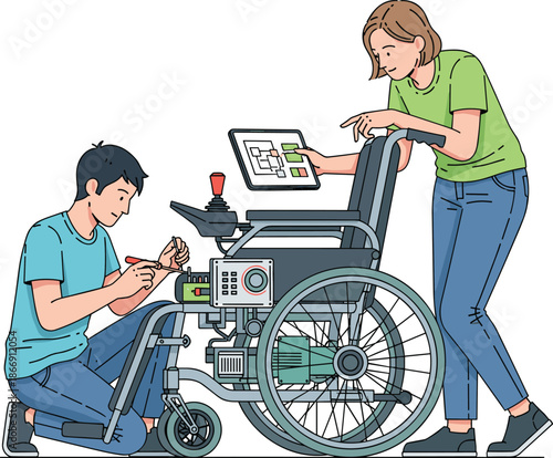 Cartoon illustration of smart wheelchair project, touchscreen interface and electronic repair, assistive technology innovation, vector medical engineering artwork