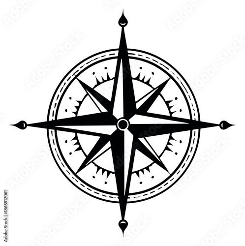 Hand drawn line art illustration of a compass rose depicting navigation for adventure and travel themes