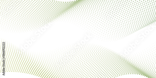 Flowing dots particles wave pattern green and yellow isolated on yellow, orange background gradient. Vector in concept of technology, science, music, modern