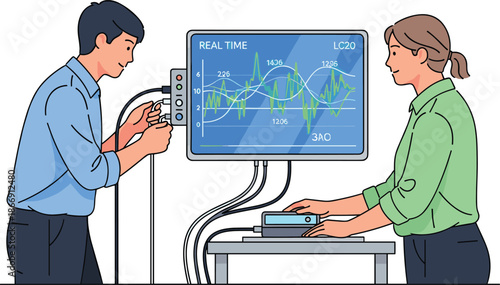 Cartoon illustration of two people monitoring real-time data, signal analysis on screen, technical teamwork, vector electronics lab artwork