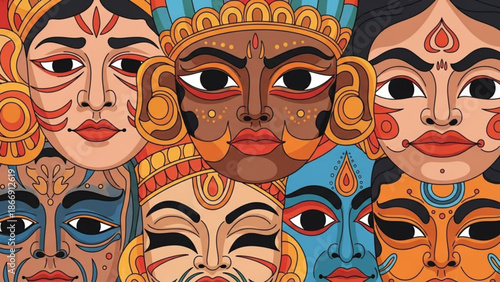 A vibrant illustration of traditional Indian masks with intricate designs and colorful patterns