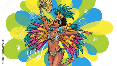 A vibrant and colorful illustration of a woman in a carnival costume with feathers and a fan