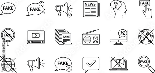 Fake News and Disinformation Icon Set Featuring Fact Checking, Media Literacy, Propaganda Prevention, News Alerts, Journalism Ethics, and Digital Misinformation.