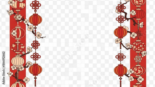 A vibrant Chinese New Year border design featuring red lanterns and cherry blossoms on a transparent background