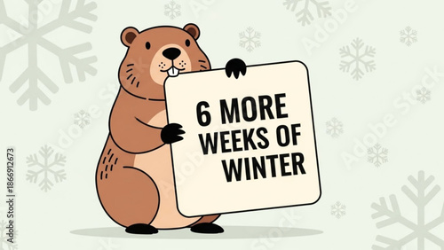A cartoon groundhog holding a sign that says 6 more weeks of winter in a vector graphic illustration