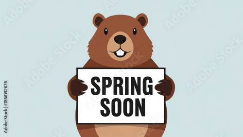 A cartoon bear holding a sign that says Spring Soon in a colorful illustration