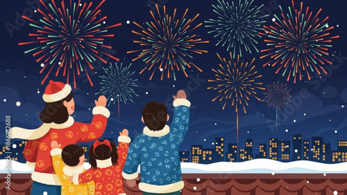 A family watches fireworks on a snowy rooftop at night