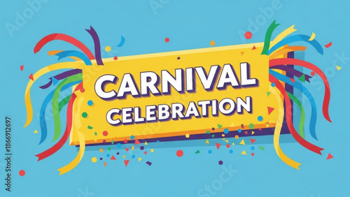 A vibrant carnival celebration banner with colorful ribbons and confetti on a light blue background