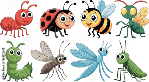 Cartoon insects collection, cute bug characters, ant, ladybug, bee, praying mantis, caterpillar, mosquito, dragonfly, stick insect, grasshopper, vector illustration, art