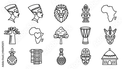 A collection of African cultural icons and symbols in a minimalist line art style