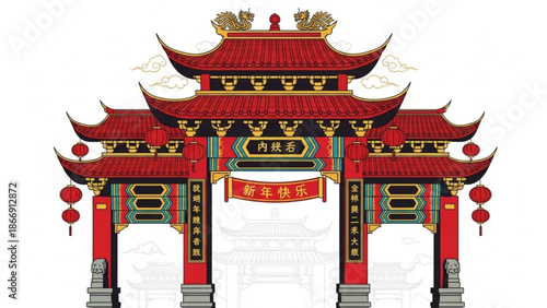 A vibrant illustration of a traditional Chinese gate with red roofs and ornate decorations