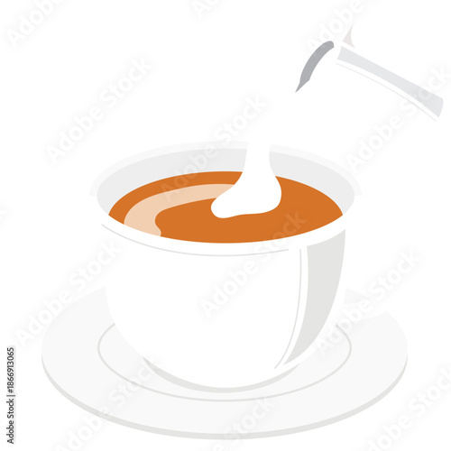 カップにミルクを注ぐミルクティーのイラスト