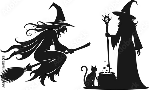 Black silhouette of a flying witch and a sorceress brewing potion with a cat