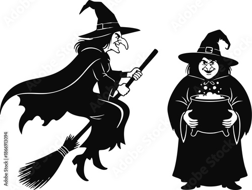 Black silhouette of a flying witch and a sorceress brewing potion with a cat