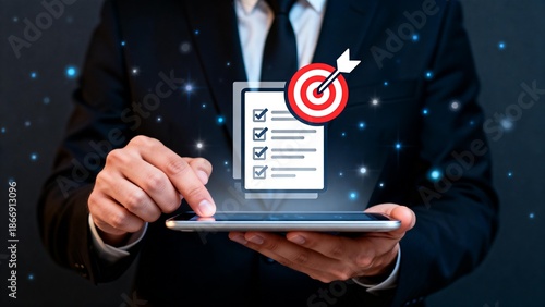 Businessman using tablet with checklist and target