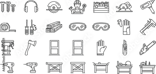 Woodworking and Carpentry Line Icon Set Featuring Power Drills, Saws, Toolboxes, Hammers, Measuring Tapes, Safety Goggles, Workbenches, Screws, and Lumber Symbols